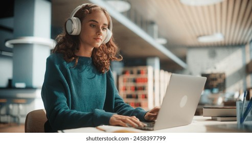 Concentrated Young Female Student With Headphones Using Laptop In Modern Library. Caucasian Woman Engaged In Online Learning, Surrounded By Books, Focused On Her Academic Research. - Powered by Shutterstock