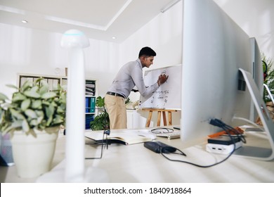 Concentrated Young Indian Software Engineer Drawing Block Diagram On Whiteboard Before Starting Work On Programming Code