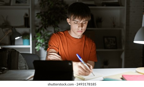 A concentrated young man studying late at night in a dimly lit home office. - Powered by Shutterstock