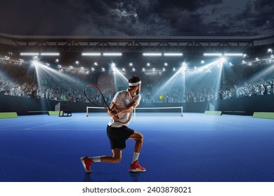 Concentrated young man, tennis athlete in motion on tennis court, playing, hitting ball with racket. 3D render. Fans cheering up player. Concept of sport, competition, tournament, action, success - Powered by Shutterstock