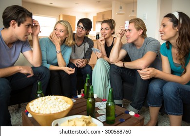 Concentrating Card Players Game Night Friends Group Attractive People Handsome Men Beautiful Women