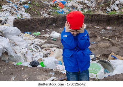 Concentration - A Child In Horror Grabs His Head From Unauthorized Garbage Collection, Environmental Pollution, Violation Of The Law. Save The Planet For Our Children.