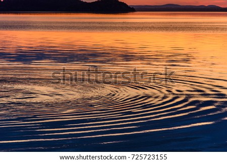 Concentric circles in the water of a lake at sunset