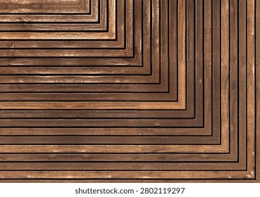 Concentric right angle corner pattern crafted from linear natural brown wood cladding planks, modern symmetrical timber panel texture backdrop