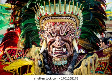 Concepcion De La Vega, DOMINICAN REPUBLIC - FEBRUARY 09, 2020: Closeup Man In Colorful Native Indian Mask Poses For Photo At Dominican Carnival On February 9 In Concepcion De La Vega