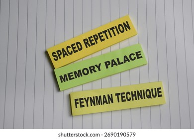 Concept of 3 main memory techniques. Spaces repetition, memory palace, feynman techniques write on sticky notes isolated on Wooden Table.