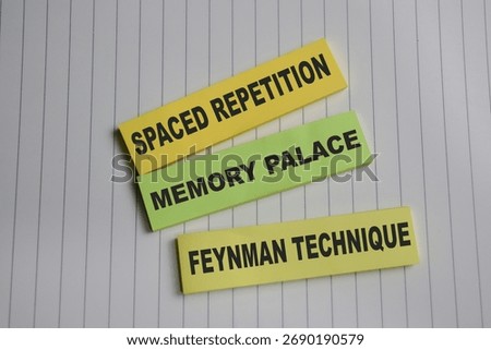 Concept of 3 main memory techniques. Spaces repetition, memory palace, feynman techniques write on sticky notes isolated on Wooden Table.