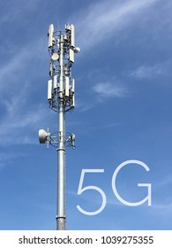 Concept 5G Spectrum In Telecommunication Industry. Telecommunication Tower For GSM.