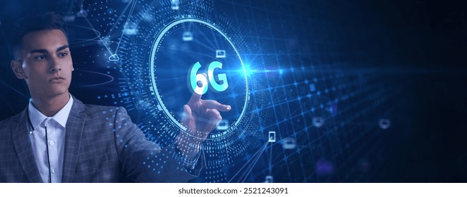 The concept of 6G network, high-speed mobile Internet, new generation networks. Business, modern technology, internet and networking concept.