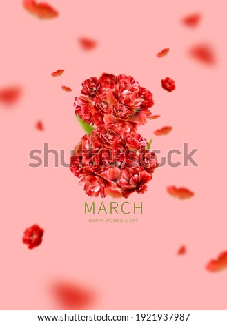 Concept of 8 March holiday. Numeral 8 from red peony tulips on pink background. International Women's Day. Flower Greeting card for women, floral composition. Spring, holiday layout festive background