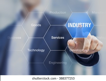 Concept about industry, production of goods and services with businessman in background - Shutterstock ID 388377253