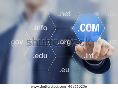 Concept about international domain names on internet for websites on a screen, such as .com, .org, .net, and .info