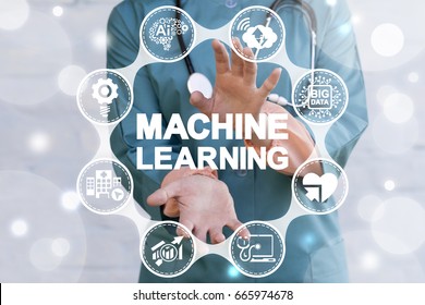 Concept About Machine Learning To Improve Artificial Intelligence Ability In Health Care. Doctor Offers Machine Learning Icon On Virtual Screen. Hospital AI Technology.