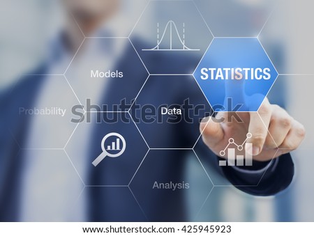 Concept about statistics, data, models and analysis on a transparent screen with a businessman in background