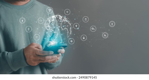 Concept of accessing big data through global internet network, man using mobile phone connect technology for document management, online transaction Search for information, marketing, digital banking.