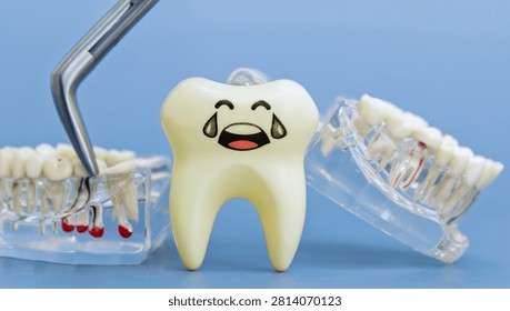 Concept of acute toothache, pulpitis and root canal treatment. Sad crying tooth figure with dental tools and transparent jaw anatomy.