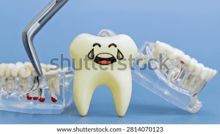 Concept of acute toothache, pulpitis and root canal treatment. Sad crying tooth figure with dental tools and transparent jaw anatomy.
