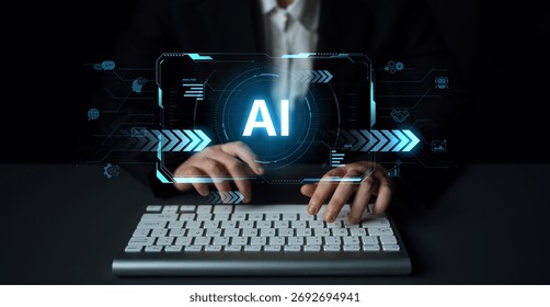 Concept of advanced Artificial Intelligence technology. A futuristic heads-up display shows the core system processing data, representing machine learning and complex analysis. Parse