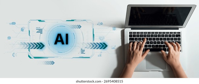 Concept of advanced Artificial Intelligence technology. A futuristic heads-up display shows the core system processing data, representing machine learning and complex analysis. Parse