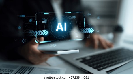 Concept of advanced Artificial Intelligence technology. A futuristic heads-up display shows the core system processing data, representing machine learning and complex analysis. Parse