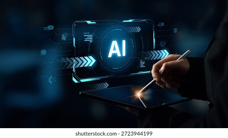 Concept of advanced Artificial Intelligence technology. A futuristic heads-up display shows the core system processing data, representing machine learning and complex analysis. Parse