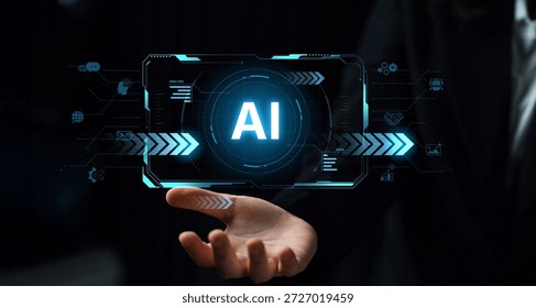 Concept of advanced Artificial Intelligence technology. A futuristic heads-up display shows the core system processing data, representing machine learning and complex analysis. Parse