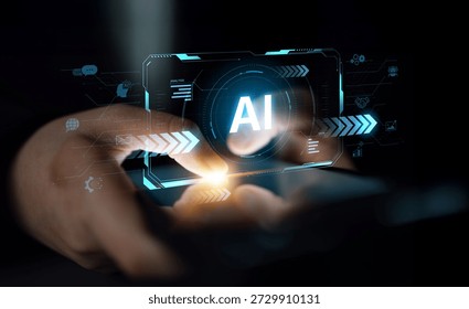 Concept of advanced Artificial Intelligence technology. A futuristic heads-up display shows the core system processing data, representing machine learning and complex analysis. Parse