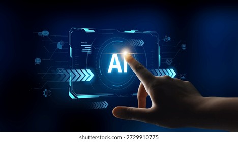 Concept of advanced Artificial Intelligence technology. A futuristic heads-up display shows the core system processing data, representing machine learning and complex analysis. Parse