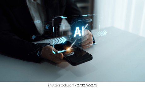 Concept of advanced Artificial Intelligence technology. A futuristic heads-up display shows the core system processing data, representing machine learning and complex analysis. Parse