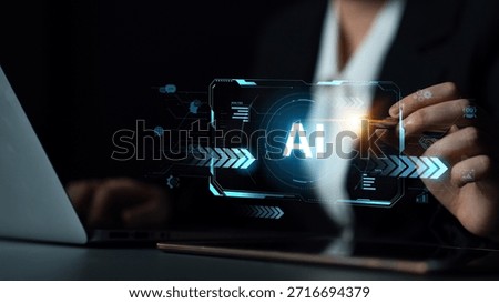 Concept of advanced Artificial Intelligence technology. A futuristic heads-up display shows the core system processing data, representing machine learning and complex analysis. Parse