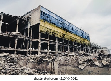 The concept of the aftermath of war. Illustration of the destruction after the war in Ukraine. Consequences of shelling by artillery shells and air strikes on a military base