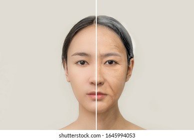 The Concept Of Aging. Comparison Of Young And Old. Portrait Of An Asian Woman. Beauty Treatments And Lifting. Before And After The Concept. Youth, Old Age. Aging And Rejuvenation Process