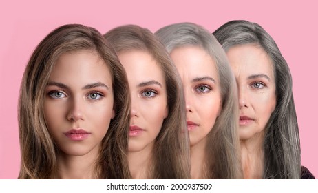 The Concept Of Aging. Comparison Of Young And Old. Portrait Of A Caucasian Woman. Beauty Treatments And Lifting. Before And After The Concept. Young And Old Woman On A Pink Background