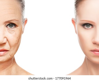 concept of aging and skin care. face of young woman and an old woman with wrinkles