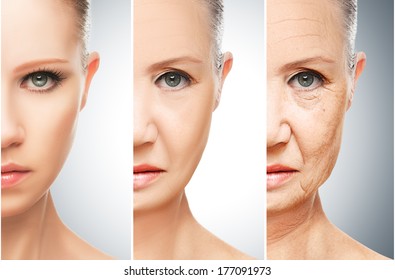 Concept Of Aging And Skin Care. Face Of Young Woman And An Old Woman With Wrinkles