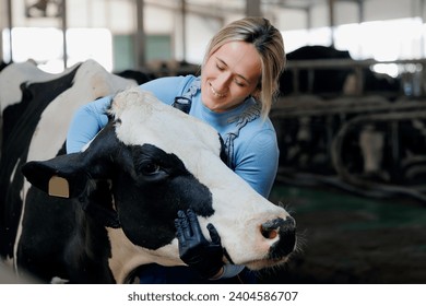 Concept agriculture cattle livestock farming industry. Farmer Happy young woman hugging cow, concept veterinary health care. - Powered by Shutterstock