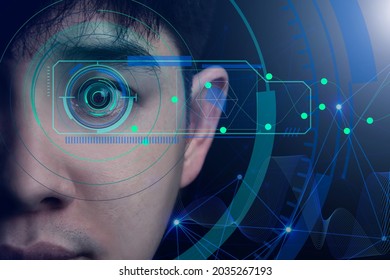 Concept Of AI Computer System, Facial Recognition With An Eye Scan. Creative Innovation In Designing Technology Of The Future. Close-up Of A Handsome Asian Man's Face On A Dark Background.