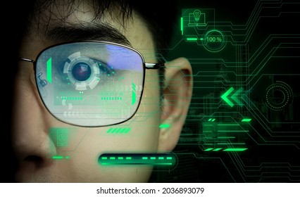 Concept Of AI Computer System, Facial Recognition With An Eye Scan. Creative Innovation In Designing Technology Of The Future. Close-up Of A Handsome Asian Man's Face On A Dark Background.