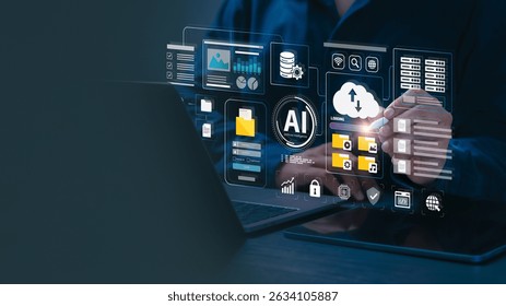 The concept of AI data management, cloud file storage and data backup. Businessman uses artificial intelligence to process documents, privacy protection. secure data storage, cybersecurity.