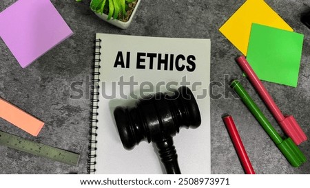 Concept of AI ethics write on book isolated on Wooden Table.