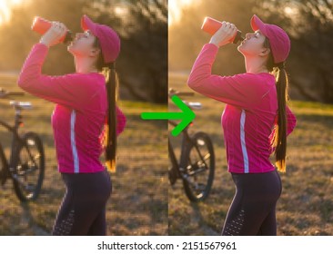 Concept of AI image upscaling technology - pixelated picture of a woman on the left, and the the enhanced (restored) version on the right - Shutterstock ID 2151567961