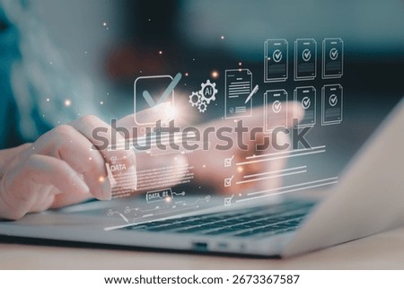 Concept of AI-driven checklist and document control professional types on laptop, with floating check marks and files, signaling compliance verification, approval workflow, and efficient operations.
