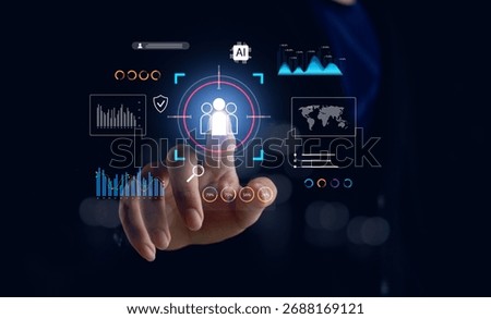 Concept of AI-powered CRM and customer data analytics. Business professional using virtual interface to analyze marketing data, target audience, optimize customer relationship management strategy.