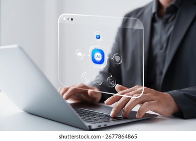 The concept of AI-powered virtual assistant transforming digital business communication through a smart chatbot interface on laptop for automation, support, and productivity.