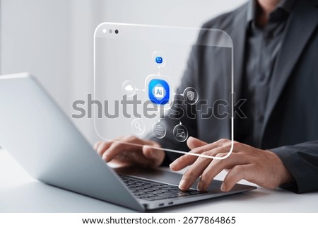 The concept of AI-powered virtual assistant transforming digital business communication through a smart chatbot interface on laptop for automation, support, and productivity.