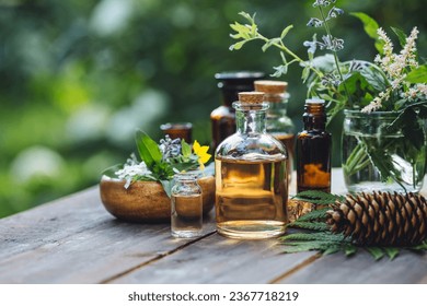 Concept of alternative herbal medicine. Bottles of tincture or potion, organic essential oils, dry healthy herbs, floral extracts on wooden table. Pure natural ingredients for cosmetic production - Powered by Shutterstock