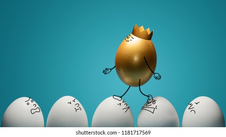 Concept of ambitiousness, careerism. A golden egg walks through heads the white eggs. - Shutterstock ID 1181717569