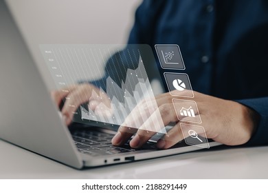 The concept of analytics for large amounts of data and business intelligence. Financial charts are displayed on a screen that is simulated.