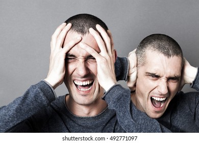 concept of anger, male headache, burn out or mad bipolar behavior with two-headed disturbed man screaming or shouting, grey background - Shutterstock ID 492771097