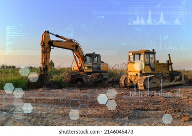 the concept of applying modern technologies in construction without human intervention, analyzing a large amount of data to improve work productivity - Shutterstock ID 2146045473